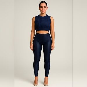 Women Shiny/ Glossy Leggings Body Shape Pants Navy Blue With Stitche Design